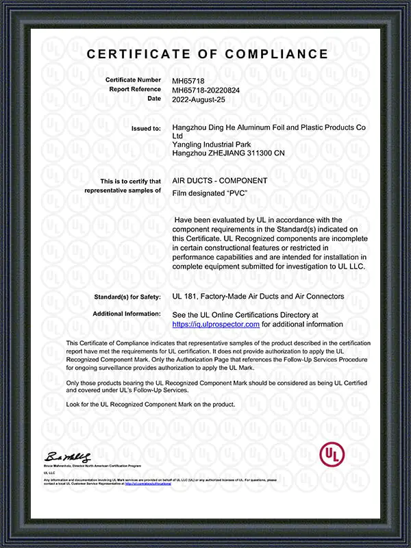 Certificat de conformité PVC